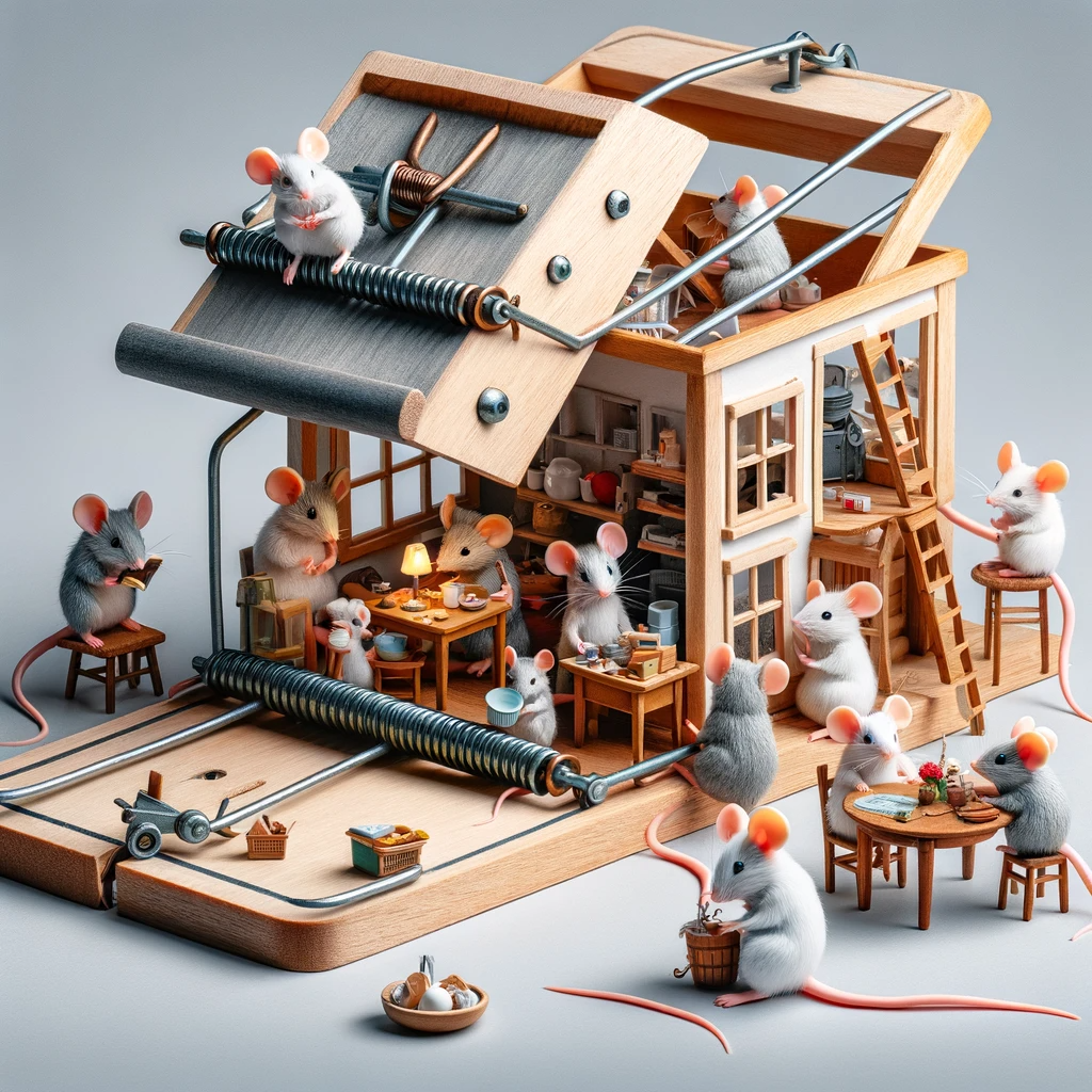 DALL·E 2023-12-28 15.22.51 - A whimsical scene of a doll house built like a mouse trap, with mice performing various household tasks. The doll house is creatively designed to rese DALL·E 2023-12-28 15.22.51 - A whimsical scene of a doll house built like a mouse trap, with mice performing various household tasks. The doll house is creatively designed to rese